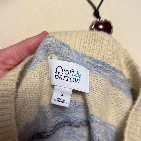 Cream‎ & Blue Cardigan Sweater Womens Small Button Up Patterned Cottage - Picture 7 of 7